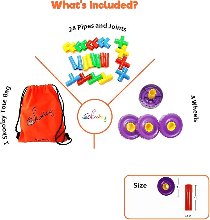 Skoolzy STEM Learning Pipe Tube 29 Piece Toys_and_Games Set, Educational Construction Building Blocks for ADHD & Autism for Baby, Kid Includes Wheels Pipes Joints and eBook