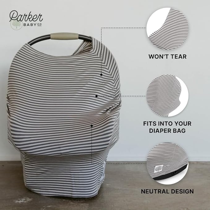 Parker Baby 4 in 1 Car Seat Cover for Girls and Boys - Stretchy Carseat Canopy, Nursing Cover, Grocery Cart Cover, High Chair Cover - “Sage/Pewter”