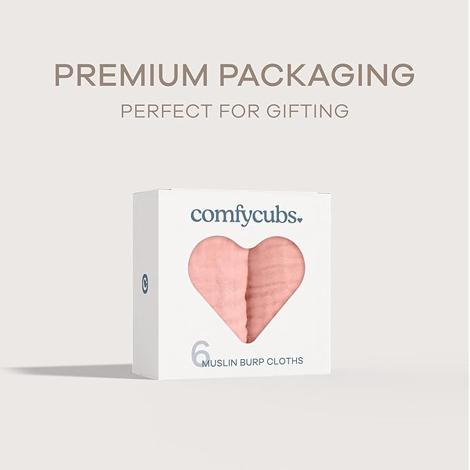 Comfy Cubs Muslin Burp Cloths 20" x 10", Pack of 6 - Large, 6-Layer, Ultra Absorbent 100% Cotton for Baby Drool and Messes - Soft, Safe & Gentle Baby Burp Cloths for Boys & Girls - Bold Blush