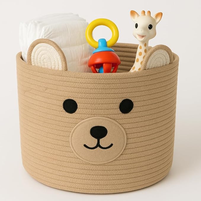 Bear Laundry Baskets Laundry Hamper Storage Baskets with Handles,Decorative Basket for Living room,Woven Storage Basket for Toys Bin Pillows Blankets Clothes (Khaki)