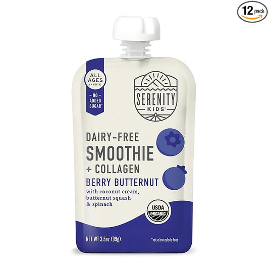 Serenity Kids 6+ Months Dairy-Free Smoothie Baby Food Pouch - USDA Organic & Grass-Fed Collagen Protein - Berry Butternut Flavor - Portable Toddler Snacks - 3.5 Oz, 12 Pack