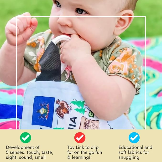 Baby Jack & Co 8x8” Learning Lovey Georgia State Tag Stroller Toy for Babies - Crinkle Toys for Developing Five Senses - Learn About Capitals - Travel with Baby Jack - BPA Free Clip