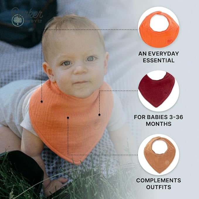 Parker Baby Muslin Bandana Drool Bibs | 100% Soft Muslin Cotton, Absorbent & Adjustable | Stylish Teething & Drooling Bibs