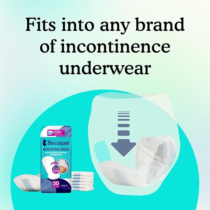 Because Overnight Incontinence Booster Pads for Men and Women, Adds 4 Cups Extra Absorbency to Adult Diapers, Super Soft, Adhesive Strip Backing, Unisex, 180 Count (9 Packs of 20) (Packaging May Vary)