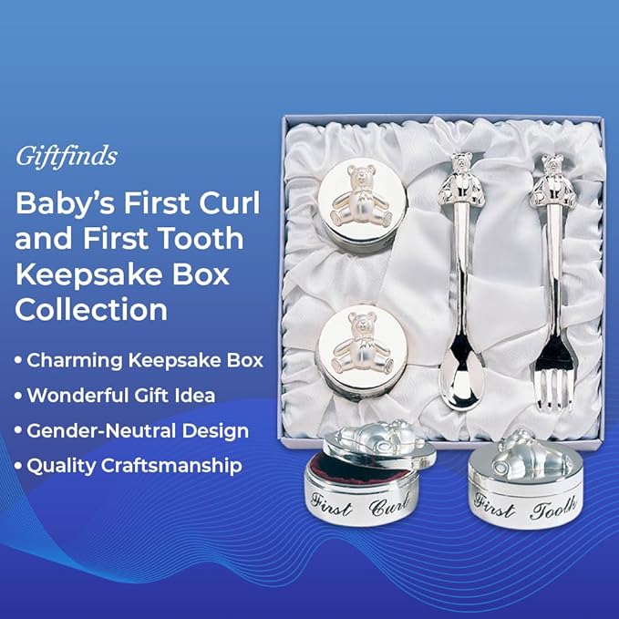 Baby’s First Curl and First Tooth Keepsake Box Collection | Adorable Teddy Bear Designs | Charming Gift | Satin-Lined White Gift Box | 6” Square