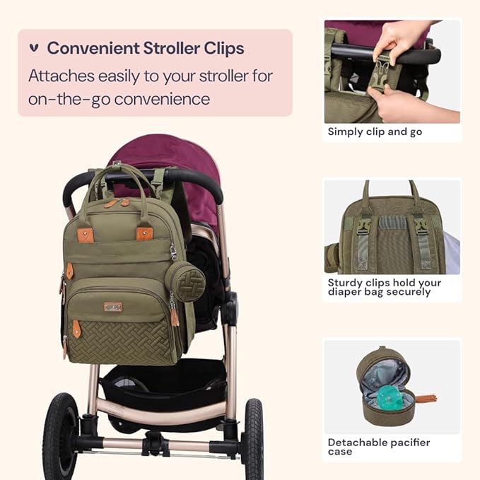 BabbleRoo Diaper Bag Backpack - Baby Essentials Travel Tote - Multi Function Water Resistant Diaper Bag, Travel Essentials Baby Bag with Changing Pad, Stroller Straps & Pacifier Case - Army Green