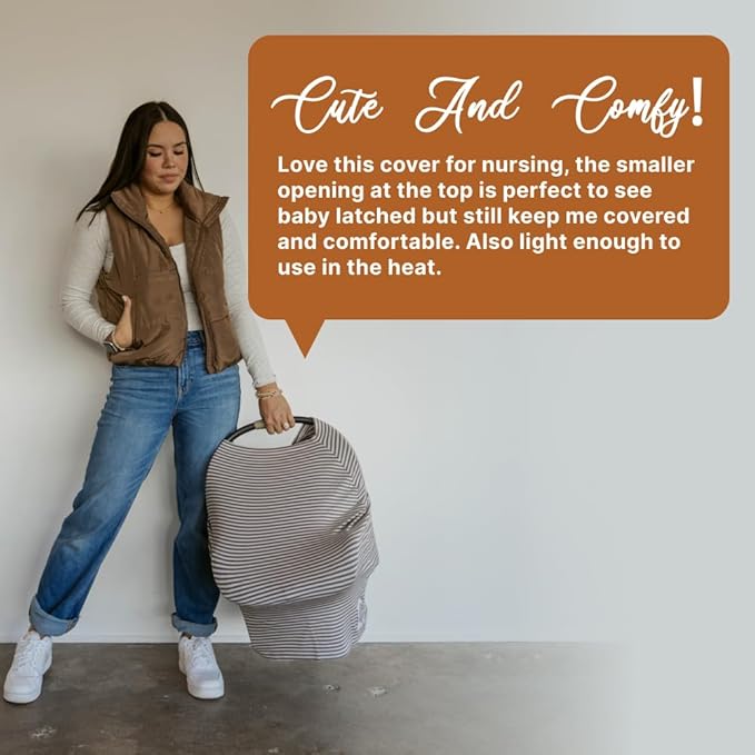 Parker Baby 4 in 1 Car Seat Cover for Girls and Boys - Stretchy Carseat Canopy, Nursing Cover, Grocery Cart Cover, High Chair Cover - “Pewter/Snow Stripes”