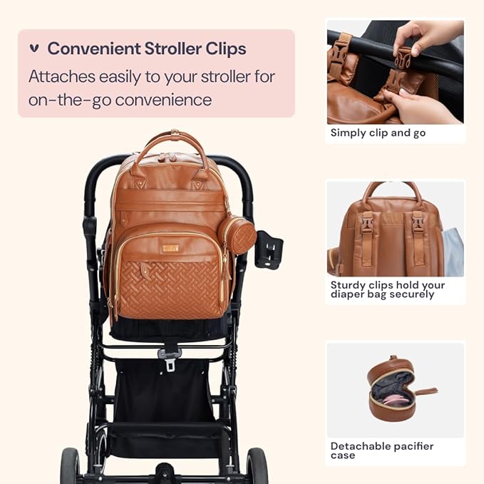 BabbleRoo Leather Diaper Bag Backpack - Baby Essentials Travel Baby Bag, Multi function, Water Resistant, with Changing Pad, Stroller Straps & Pacifier Case – Unisex, Natural Brown
