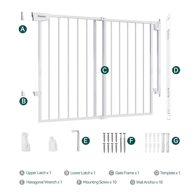 Babelio 29.7-46.5" No Bottom Bar Baby/Dog Gate for Stairs, House and Doorways, Auto Close Safety Pet Gates with Large Walk Thru Door, Hardware Mount, White