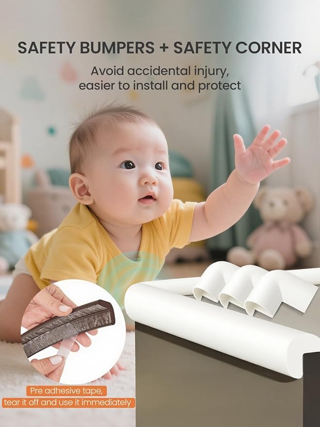 Baby Proof Edge Corner Protector, 16.4FT 0.47''Th L-Shape Furniture Corner & Edge Safety Bumper with 10 Corners, Pre-Taped, Soft NBR Rubber Foam Desk Edge Cushion Wall Corner Protector(White-gray)