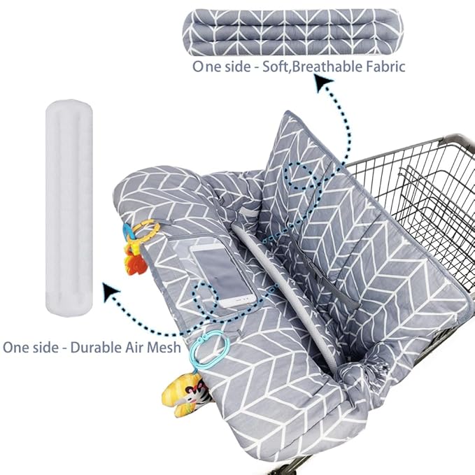 ICOPUCA Shopping Cart Cover for Baby, 2 in 1 cart Cover for Babies N high Chair Cover, Padded Grocery cart seat Cover for Baby Girl boy, with 1” Thick/Removable/Reversible Cushion, Grey;