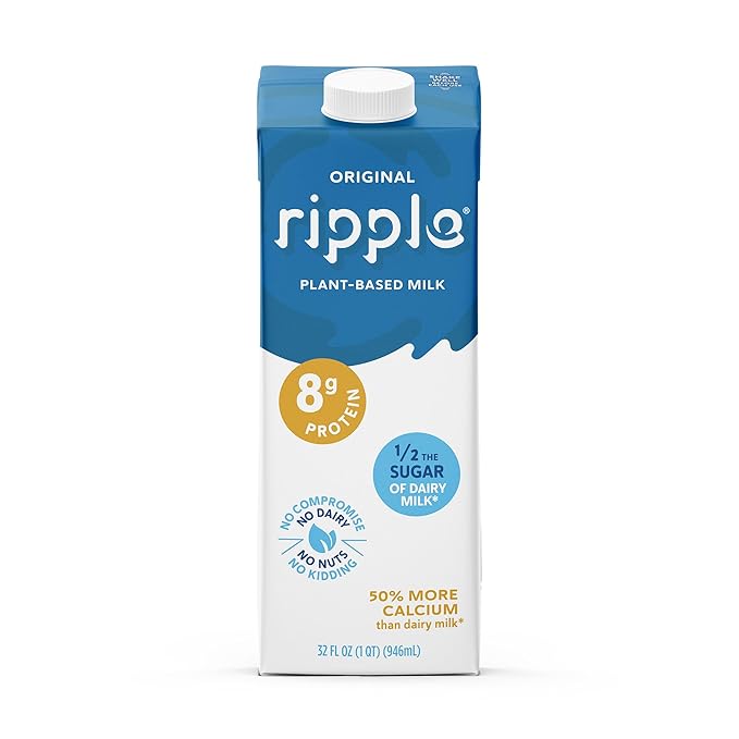 Ripple Original Plant Based Milk | 8g of Quality Sourced Pea Protein, Calcium Rich | Shelf Stable | Vegan & Non GMO Certified | Dairy, Soy, Nut, Gluten, & Lactose Free | 32 Fl Oz Cartons (Pack of 6)