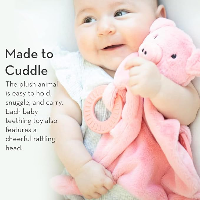 Baby Teether & Plush Lovey by Bella Tunno, Silicone Teether with Animal Snuggle Toy & Sensory Rattle, Teething Relief for Babies 0-6 Months, 6-12 Months, Hippo