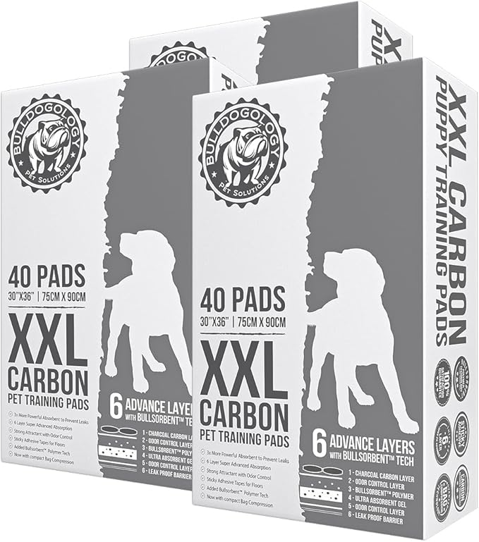 Bulldogology Premium Puppy Pads with Adhesive Tabs - Dog Pads Extra Large - Leak Proof Dog Pee Pads Extra Large - Ultra Absorbing Extra Large Puppy Pads (Black-30x36 (120-Count)