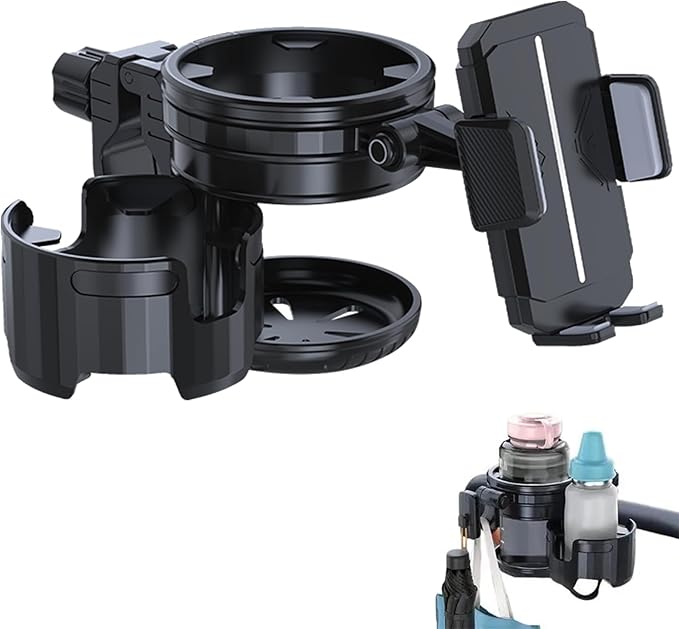 4-in-1 Universal Stroller Cup Holder – Adjustable Single/Double Cup & Phone Holder, 360° Rotatable, Anti-Slip Silicone Grip, Spill-Proof Design for Baby Strollers, bicycles,Wheelchairs, Shopping Carts