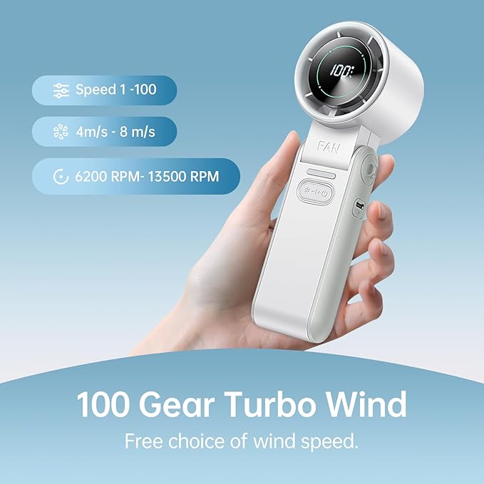 3-in-1 Portable Handheld Turbo Fan-100 Speeds, 13500 RPM, 12Hrs Cooling, Digital Display, 120° Rotation, USB Rechargeable Mini Hand Held Personal Fan for Travel, Makeup, Outdoor, Indoor (White)