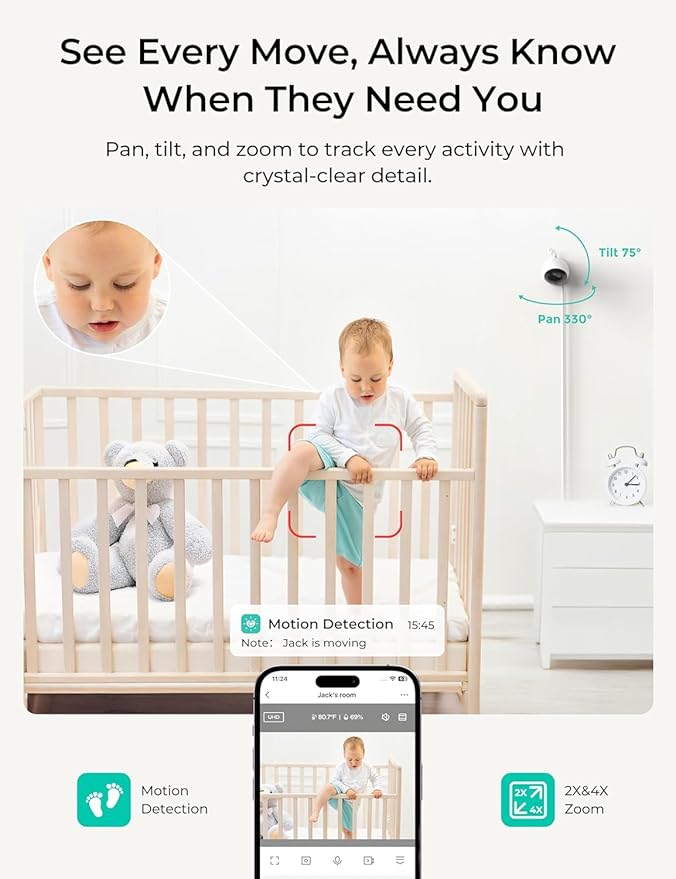 Dr.Care VistaView Lite Smart WiFi Baby Monitor with 2 Cameras- 4” 720P Split Screen & 1080P Camera App Control, Motion Alerts, Night Vision, 3000mAh Battery, 2-Way Talk, Triple Security, 1000ft Range