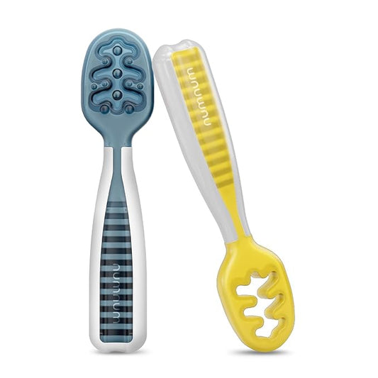 NumNum Baby Spoons Set, Baby Essentials Pre-Spoon GOOtensils for 6+ Months, First Stage Self-Feeding Spoons for Baby Led Weaning (BLW), Silicone Toddler Utensils, BPA-Free, 2 Pack Blue/Yellow
