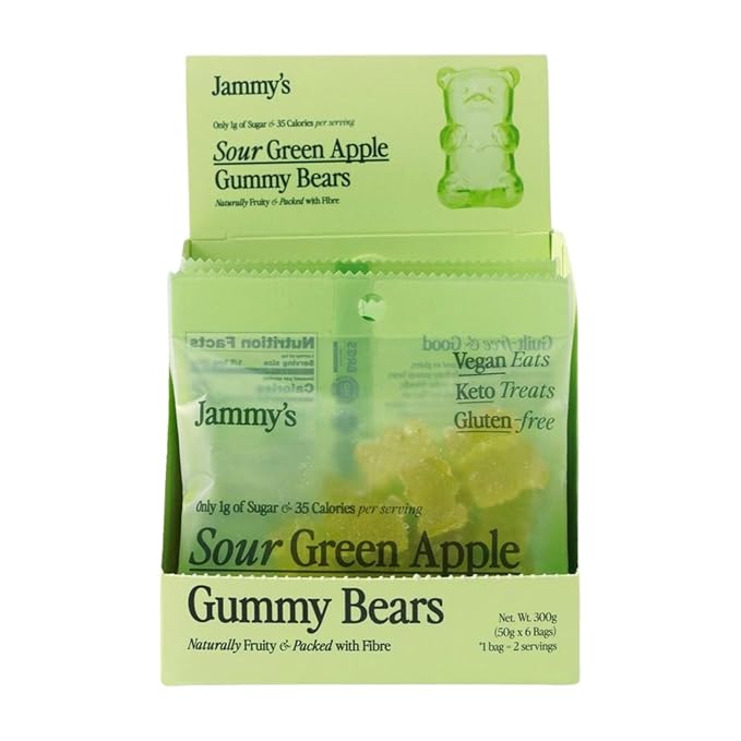 Jammy's™ - Sour Green Apple Gummy Bears | Sugar-Free & Vegan-Friendly | Keto-Friendly, Gluten-Free, Low Carb, High Fibre & Naturally Fruity | Delicious, Soft & Chewy | Box of 6 x 50g Bags
