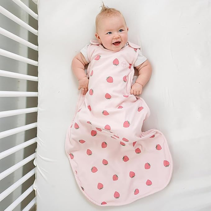 Woolino Merino Wool and Organic Cotton Ultimate Baby Sleep Sack - 4 Season Baby Wearable Blanket - Two-Way Zipper Adjustable Sleeping Bag - Universal Size (2-24 Months) - Strawberry