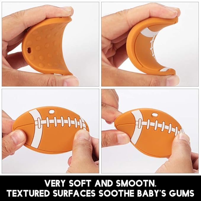 Baby Food Grade Silicone Sport Ball Teether Toy with Pacifier Clip Holder,Teething Pain Relief Toys Gift Set for 3 Months+ Boys and Girls,Freezer Safe,BPA Free. (American Football)