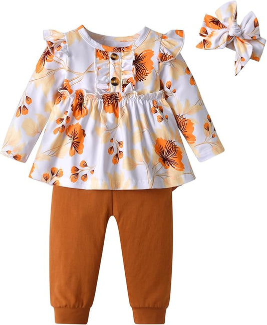 3PCS Baby Girl Clothes Ruffle Floral Shirt Tops Pants Headband Outfit Sets