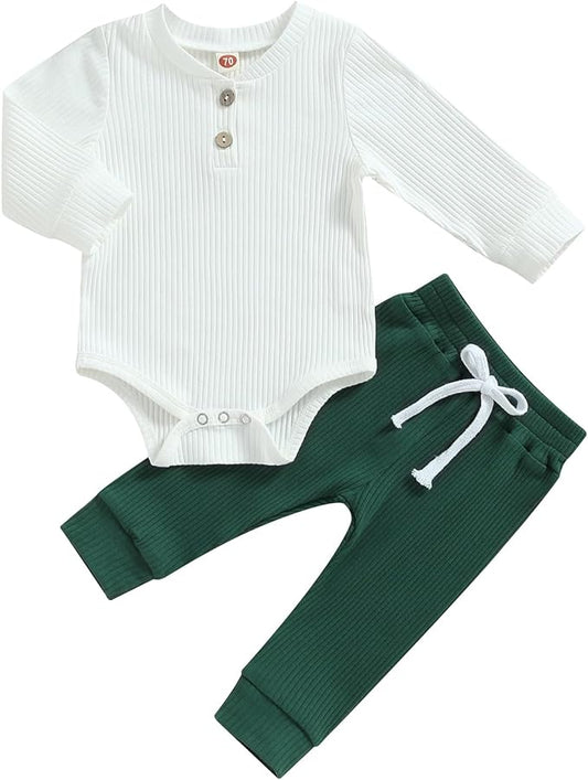 Newborn Baby Boy Girl Clothes Ribbed Knitted Long Sleeve Romper Pants Solid Cotton Infant Fall Winter Outfits 2Pcs