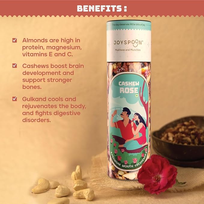 JoySpoon Cashew Rose Mukhwas Mouth Freshener | Supari-Free Mouth Freshner with Almonds, Coconut, Dates & Fennel Seeds | Traditional Mouth Fresheners | 200g