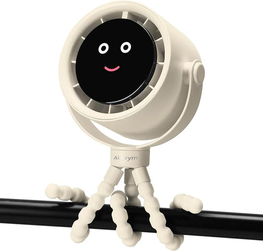 Stroller Fan Portable, Personal Fan for Travel, Air Turbo Tech&Digital display, Detachable 5 Speeds Rechargeable 360° Rotate Flexible Tripod Fan, For Home Office Stroller Camping - Rice White