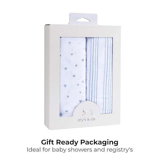 Ely’s & Co. Pack and Play Sheets, for Mini/Portable Crib, 2 Pack Fitted Playpen Play Yard Sheet Set Compatible with Graco Pack n Play, for Baby Boys, 100% Cotton, Blue Stars and Stripes, 38”x24”x5”