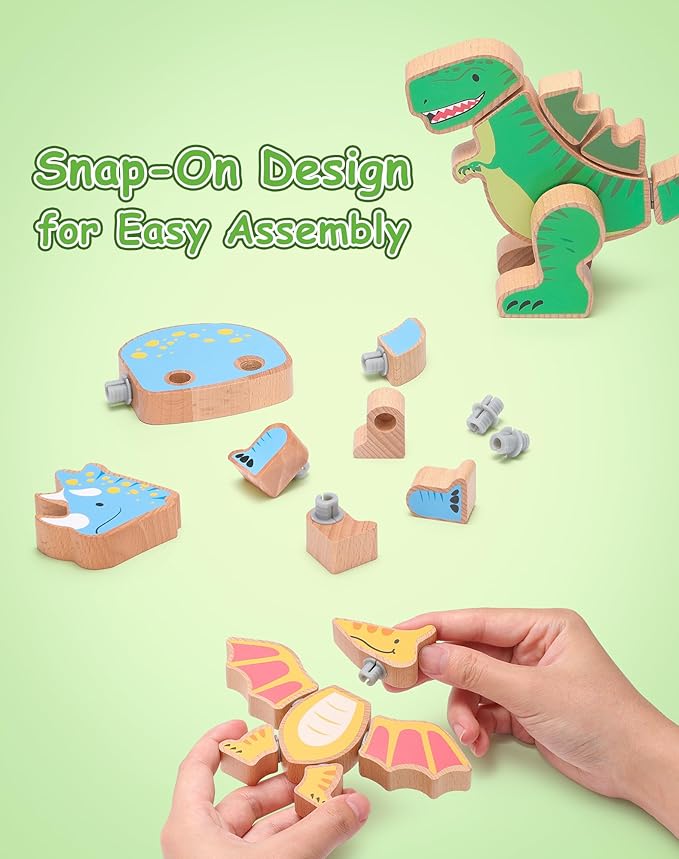 SainSmart Jr. Wooden Snap Together Building Toy, 4 Pcs Dinosaur Take Apart Toys, Montessori Toys for Toddler Developmental Learning - Ideal Gift for Boys and Girls