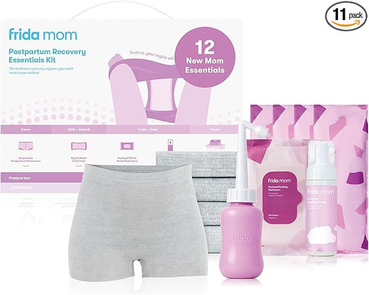 Frida Mom 11pc Postpartum Essentials Kit Gift Set, Hospital Bag Must Haves for New Mom, Includes 4 Disposable Postpartum Underwear, 4 Ice Maxi Pads, Perineal Healing Foam & 24 Pad Liners & Peri Bottle