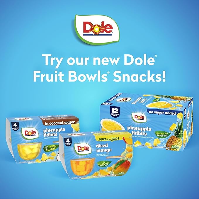 Dole Pineapple Tidbits with No Sugar Added - Dole Fruit Bowls Snacks - 4 oz Fruit Bowls - 12 Pack