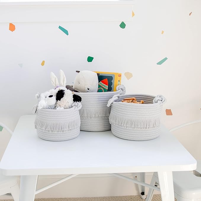 NaturalCozy 3-Piece Decorative Storage Basket Set – Cotton Rope Woven Baskets for Organizing! Small Storage Bins for Nursery Baby Stuff, Gift, Montessori, Dog Toy Bin, Cat Toys, Bathroom Shelves