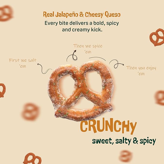 Jalapeño Queso Pretzels – 6 Oz Sweet n' Spicy Bite-Sized Snacks Packed with Real Cheese & Jalapeño Flavor – Crunchy, Snacky, Perfect for Sharing or Spicy Indulgence