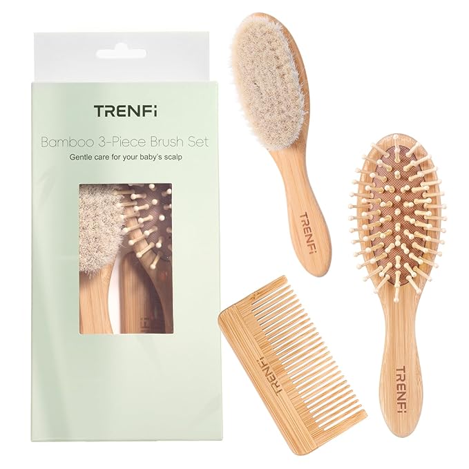 Bamboo Baby Brush and Comb Set (3-Piece) | Ultra-Soft Goat Bristle Newborn Hair Brush for Gently Soothing Cradle Cap | Natural Massage Brush & Toddler Comb | Perfect Baby Registry & Shower Gift