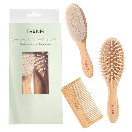 Bamboo Baby Brush and Comb Set (3-Piece) | Ultra-Soft Goat Bristle Newborn Hair Brush for Gently Soothing Cradle Cap | Natural Massage Brush & Toddler Comb | Perfect Baby Registry & Shower Gift