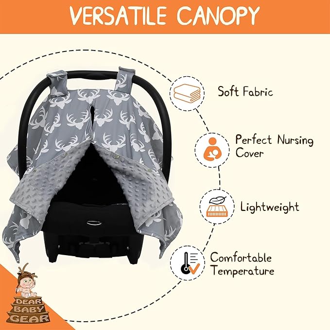 Dear Baby Gear - 40x30 Car Seat Canopy, Infant Carrier Cover for Boys & Girls, Cozy Fall, Nursing & Stroller Use, Newborn Travel Sunshade Accessory, Antlers on Gray, Gray Dot