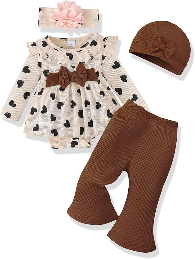 Renotemy Preemie Newborn Baby Girl Clothes Infant Romper Fall Winter Outfits Gifts for Girls Cute Bell Bottoms Pant Sets