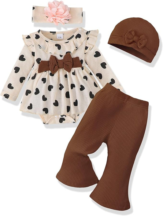 Renotemy Preemie Newborn Baby Girl Clothes Infant Romper Fall Winter Outfits Gifts for Girls Cute Bell Bottoms Pant Sets