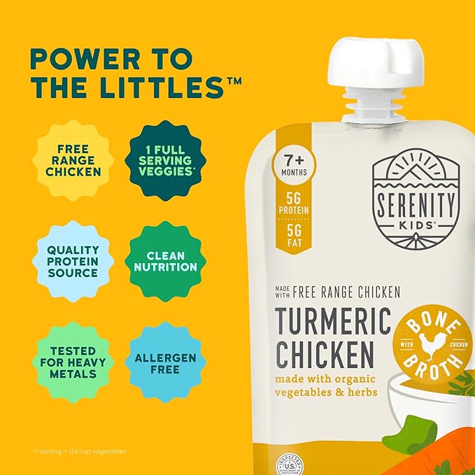 Serenity Kids 7+ Months Chicken Puree Pouch with Bone Broth - Pasture-Raised Turmeric & Veggie Blend - Clean Label Project Purity Award Certified - 3.5 Oz, 12 Pack
