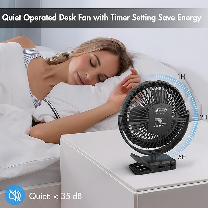 Camping Rechargeable Fan, Battery Operated with Timer, Powerful Airflow Portable Fan, Strong Clip with Light & Hook for Tent Outdoor Travel BBQ Hurricane Power Outage