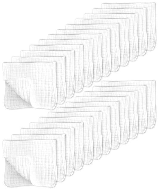 SWEET DOLPHIN 24 Pack Muslin Burp Cloths Large 100% Cotton Hand Washcloths for Baby - Baby Essentials Extra Absorbent and Soft Boys & Girls Milk Spit Up Rags for Newborn Registry - White, 20" X10"