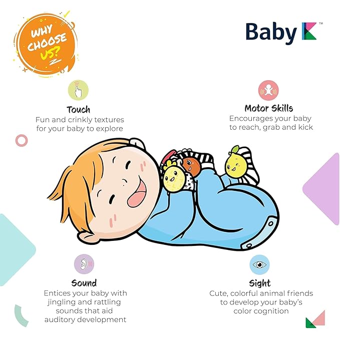 BABY K Foot Finder Socks & Wrist Rattles (Set J) - Newborn Toys for Baby Boy or Girl - Brain Development Infant Toys - Hand and Foot Rattles Suitable for 0-3, 3-6, 6-12 Months Babies
