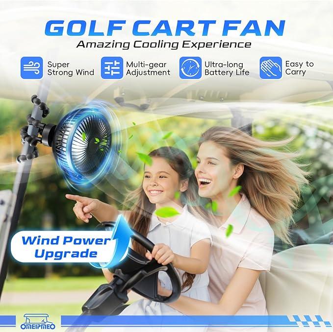 Rechargeable Golf Cart Fan, 12000mAh Stroller Fan, Adjustable 4 Speeds, LED Light, Power Bank, 360° Rotation, Portable Clip on Fans with Flexible Tripod for Club Car EZGO Yamaha