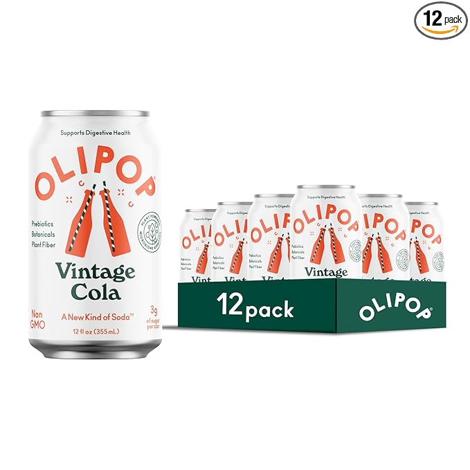 OLIPOP Prebiotic Soda Pop, Vintage Cola, Pantry Pack Packed with Prebiotics, Fiber, and Botanicals, Gluten Free, Vegan, GMO Free, 12oz (12-Cans)