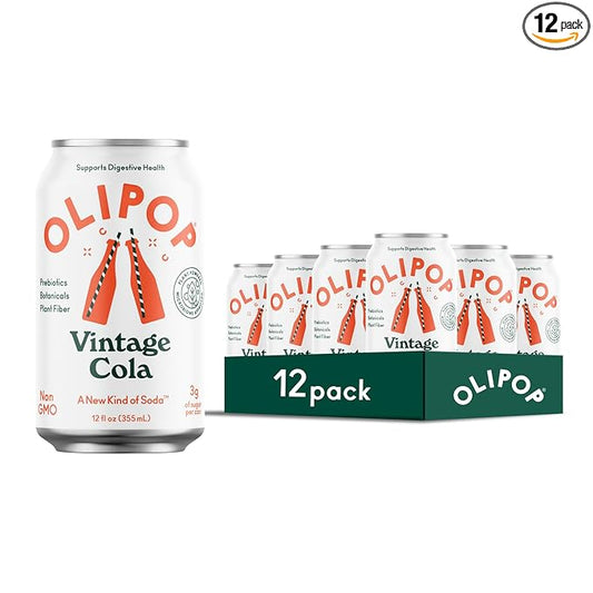 OLIPOP Prebiotic Soda Pop, Vintage Cola, Pantry Pack Packed with Prebiotics, Fiber, and Botanicals, Gluten Free, Vegan, GMO Free, 12oz (12-Cans)