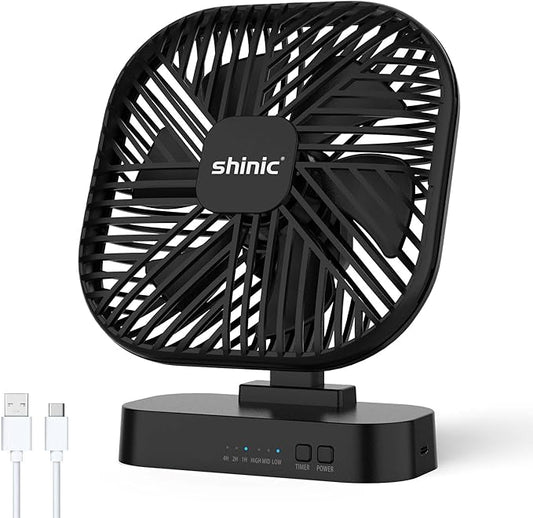 shinic 5 Inch Desk Fan - AA Battery Operated,Ultra-Quiet 6-Blade Table Fan with Timer, 3 Speeds, Adjustable Tilt for Bedroom, Office, Outdoor Travel (Black, No Batteries Included)