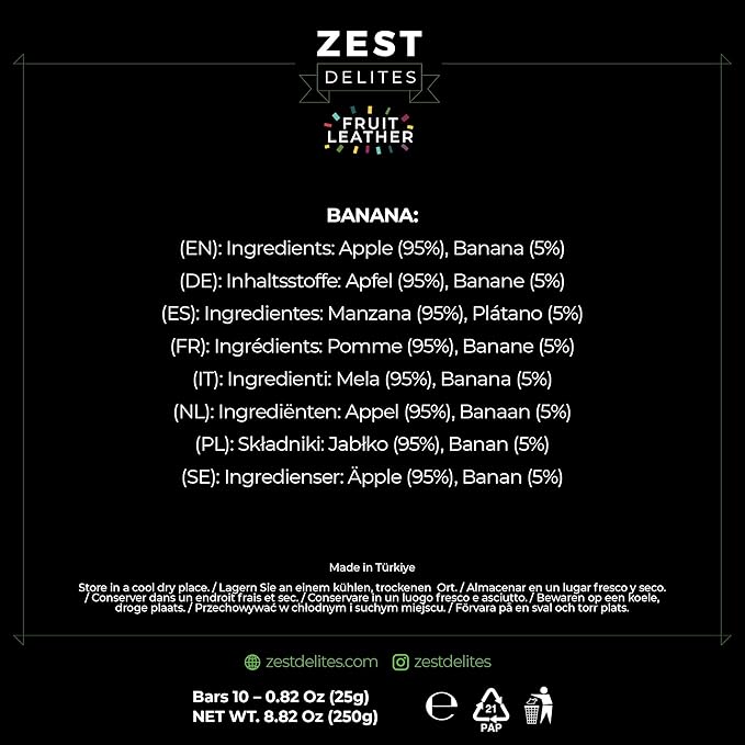 Dried Fruit Bars by Zest Delites, Fruit Leather Snacks, Healthy Snacks Pack for Adults & Kids, Lavashak, Vegan, Apple-Based Banana Strips, 0.88 oz x 10