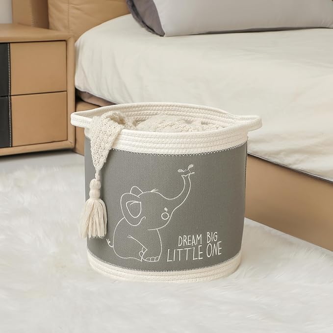 Toy Basket for Baby Laundry Hamper Blanket Baskets Cute Elephant Nursery Hampers Toy Storage Basket, Woven Cotton Rope Nursery Organization Bins For Girls Boys Kids Baby Shower Gifts Baskets